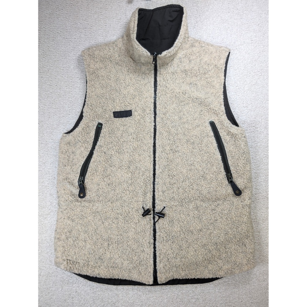 Vintage Mens Reversible Sherpa Fleece Nylon Vest Cream Black 20x27